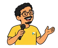 Cartoon Faris holding a microphone